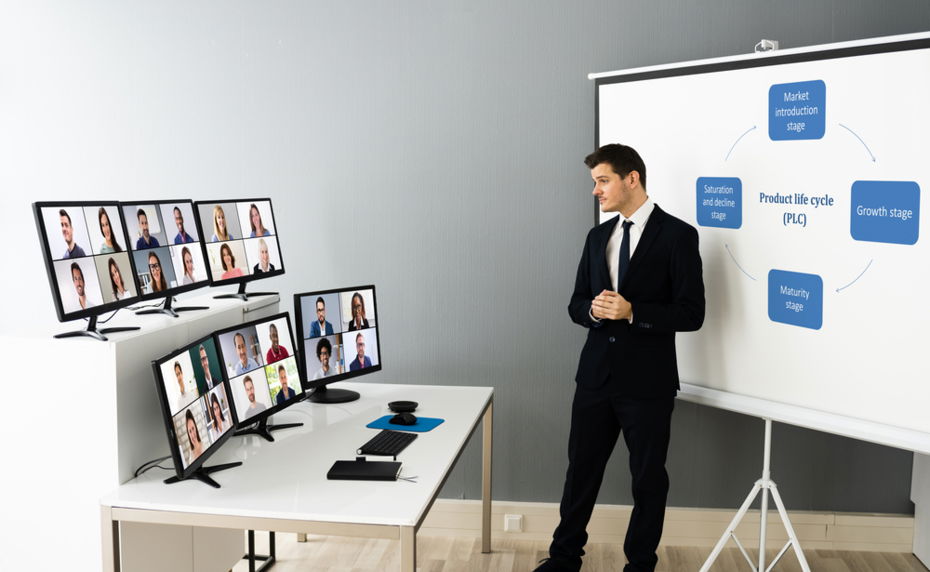 Man hosting a live webinar to a remote audience